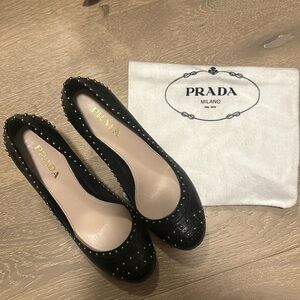 Prada- Black Round Toe Stud Pumps Size 36